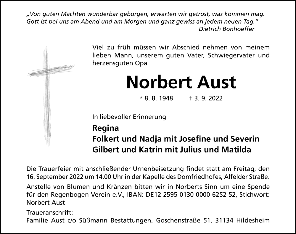  Traueranzeige für Norbert Aust vom 07.09.2022 aus Hildesheimer Allgemeine Zeitung