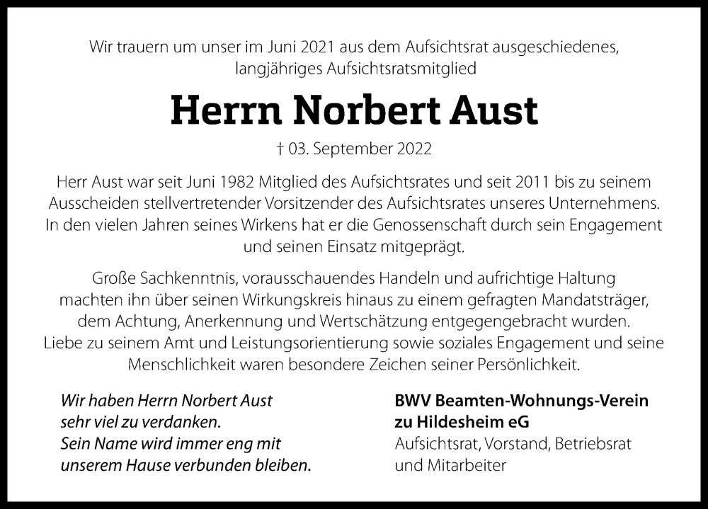  Traueranzeige für Norbert Aust vom 07.09.2022 aus Hildesheimer Allgemeine Zeitung