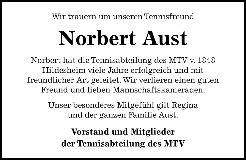  Traueranzeige für Norbert Aust vom 07.09.2022 aus Hildesheimer Allgemeine Zeitung