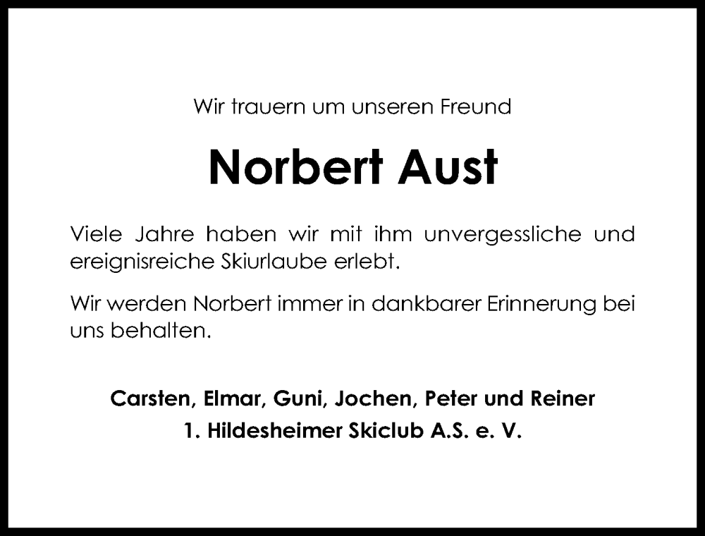  Traueranzeige für Norbert Aust vom 07.09.2022 aus Hildesheimer Allgemeine Zeitung