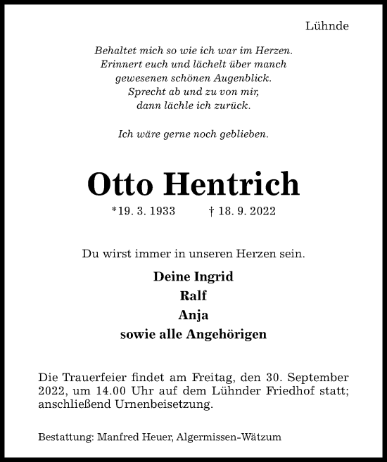 Traueranzeige von Otto Hentrich von Hildesheimer Allgemeine Zeitung