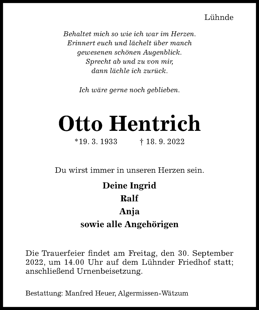  Traueranzeige für Otto Hentrich vom 22.09.2022 aus Hildesheimer Allgemeine Zeitung