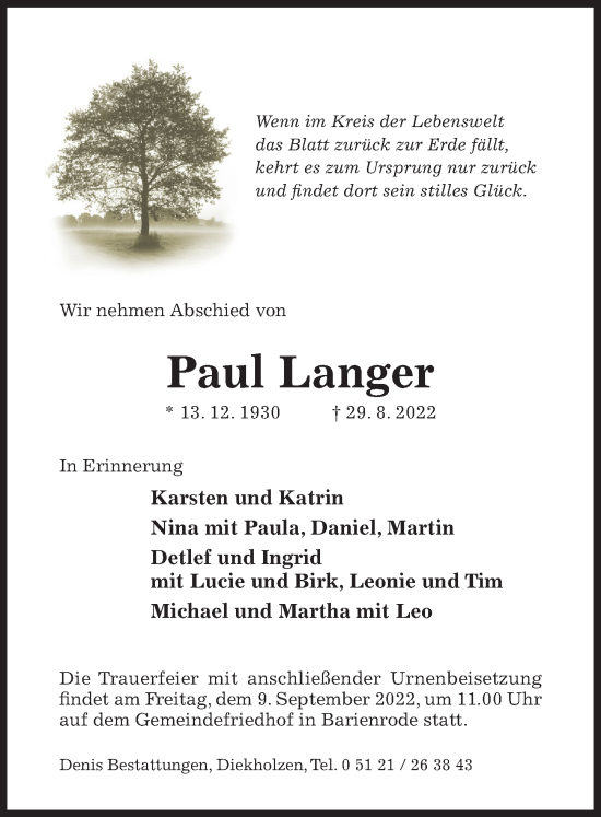 Traueranzeige von Paul Langer von Hildesheimer Allgemeine Zeitung