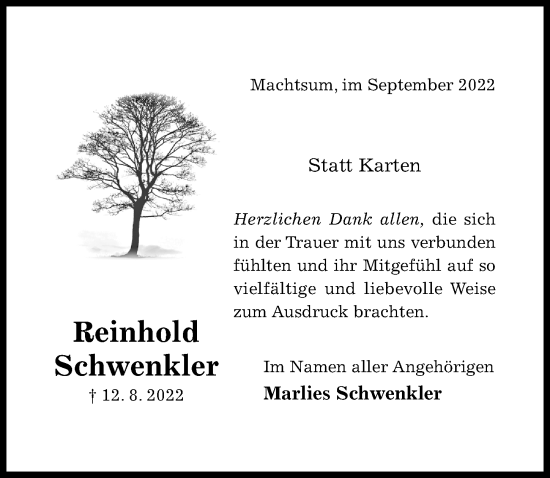 Traueranzeige von Reinhold Schwenkler von Hildesheimer Allgemeine Zeitung