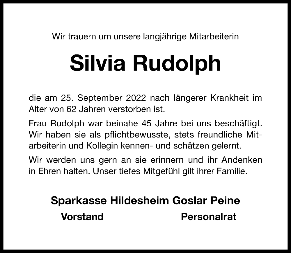  Traueranzeige für Silvia Rudolph vom 01.10.2022 aus Hildesheimer Allgemeine Zeitung