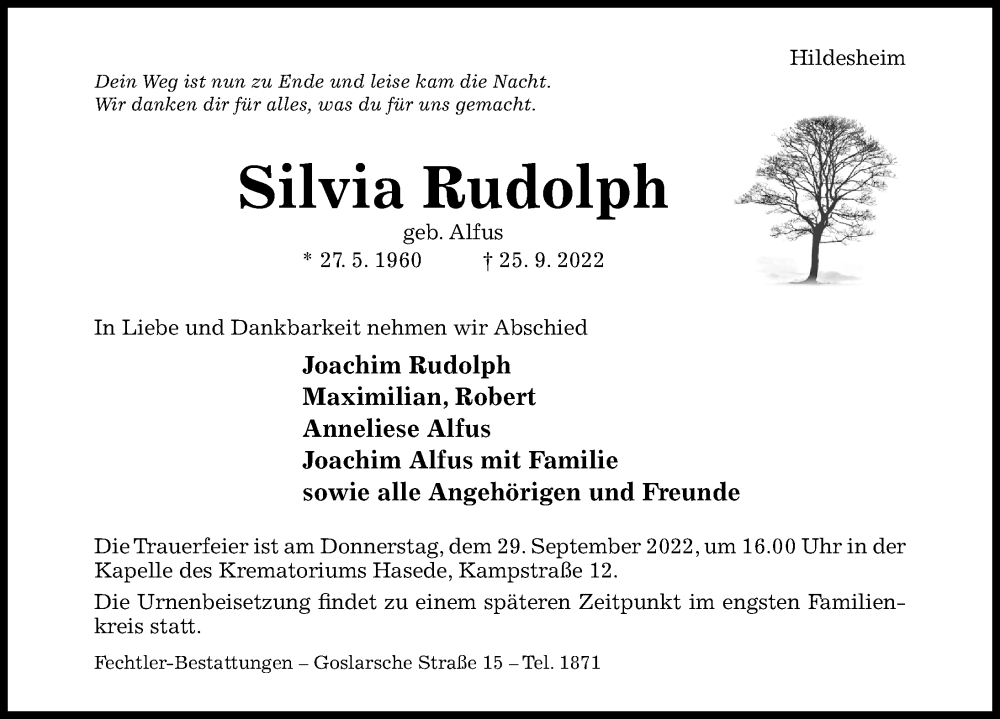  Traueranzeige für Silvia Rudolph vom 27.09.2022 aus Hildesheimer Allgemeine Zeitung
