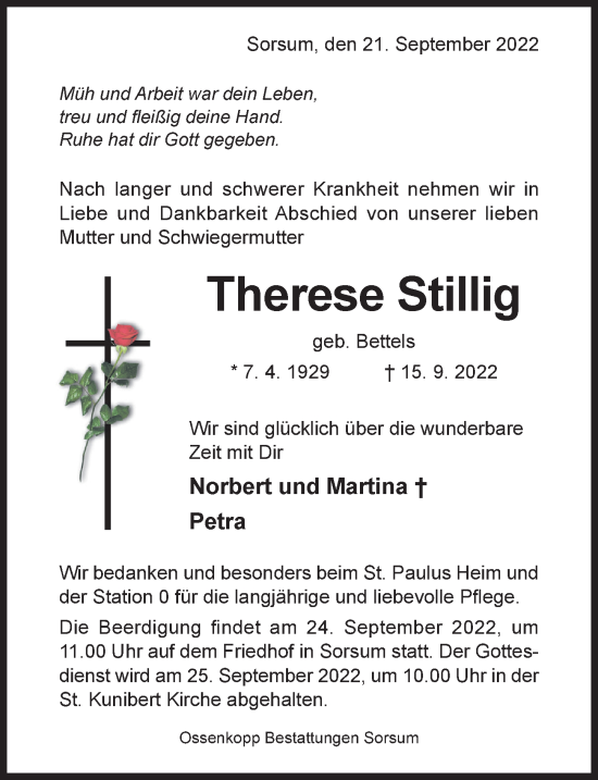 Traueranzeige von Therese Stillig von Hildesheimer Allgemeine Zeitung