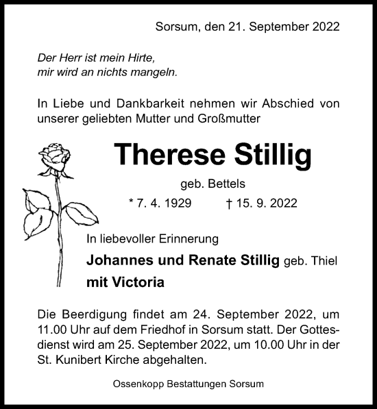 Traueranzeige von Therese Stillig von Hildesheimer Allgemeine Zeitung