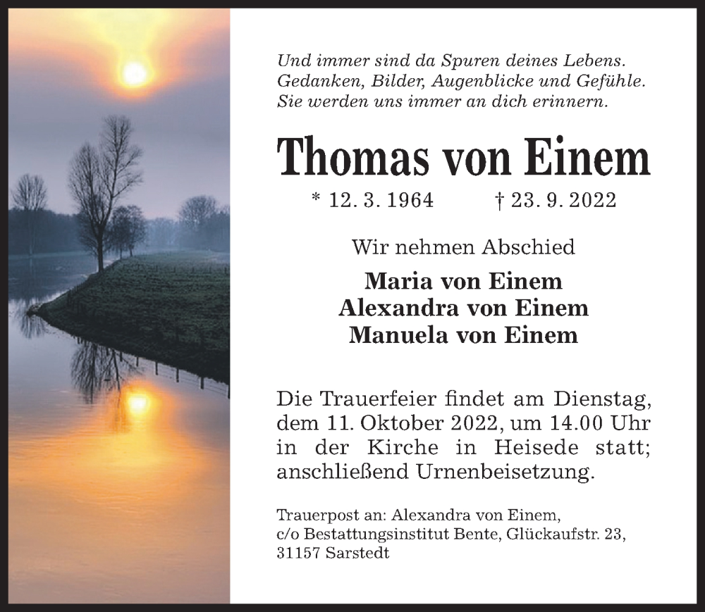  Traueranzeige für Thomas von Einem vom 29.09.2022 aus Hildesheimer Allgemeine Zeitung