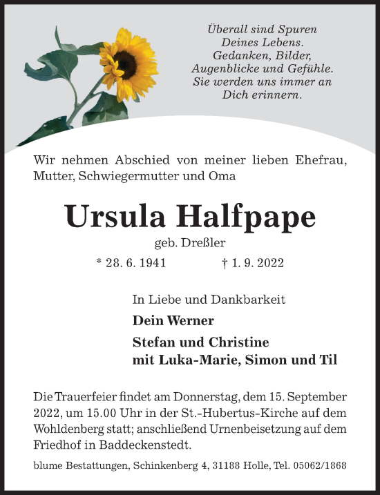 Traueranzeige von Ursula Halfpape von Hildesheimer Allgemeine Zeitung