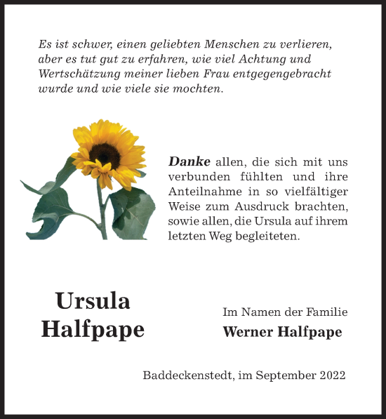 Traueranzeige von Ursula Halfpape von Hildesheimer Allgemeine Zeitung