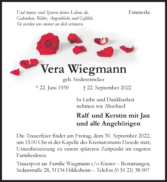 Traueranzeige von Vera Wiegmann von Hildesheimer Allgemeine Zeitung