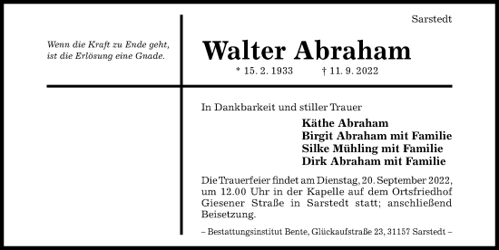 Traueranzeige von Walter Abraham von Hildesheimer Allgemeine Zeitung