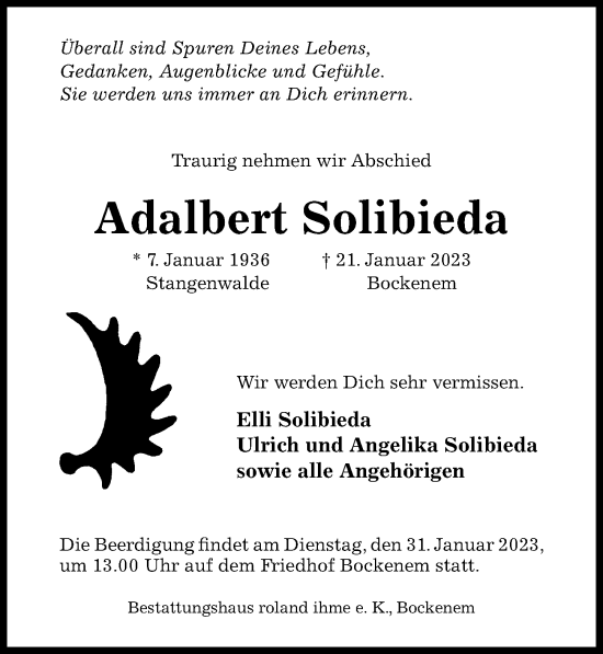 Traueranzeige von Adalbert Solibieda von Hildesheimer Allgemeine Zeitung