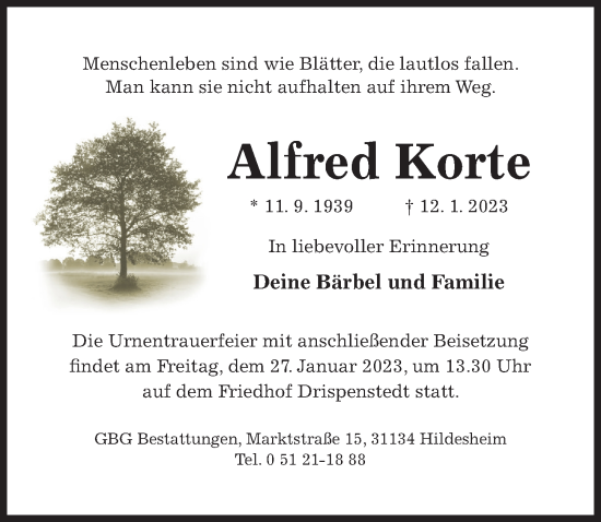 Traueranzeige von Alfred Korte von Hildesheimer Allgemeine Zeitung