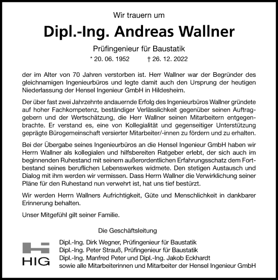 Traueranzeige von Andreas Wallner von Hildesheimer Allgemeine Zeitung