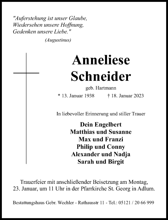 Traueranzeige von Anneliese Schneider von Hildesheimer Allgemeine Zeitung