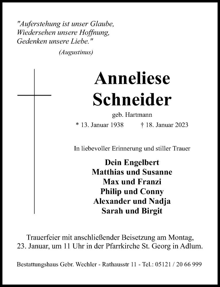  Traueranzeige für Anneliese Schneider vom 21.01.2023 aus Hildesheimer Allgemeine Zeitung
