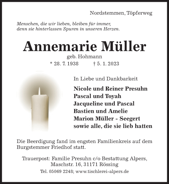 Traueranzeige von Annemarie Müller von Hildesheimer Allgemeine Zeitung