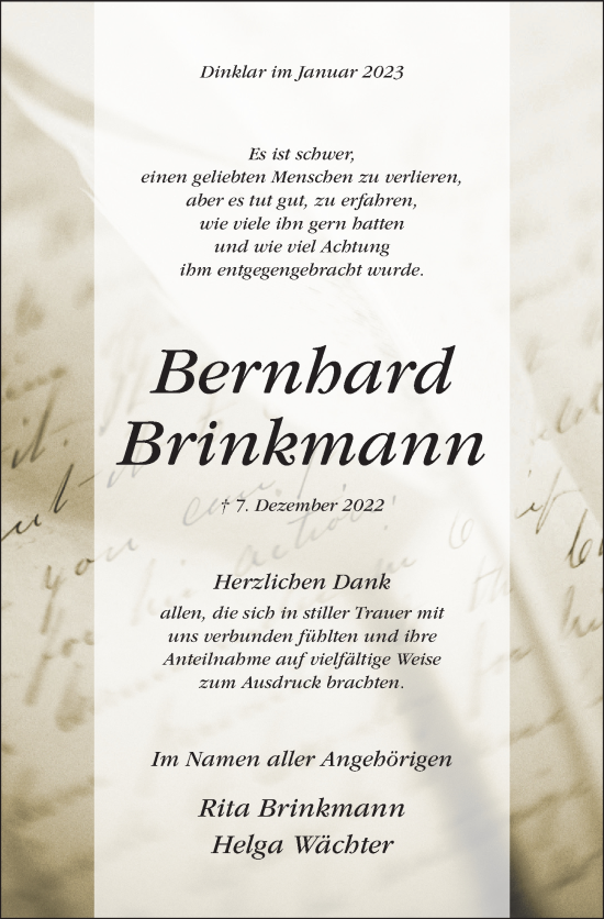 Traueranzeige von Bernhard Brinkmann von Hildesheimer Allgemeine Zeitung