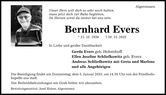 Traueranzeige von Bernhard Evers von Hildesheimer Allgemeine Zeitung