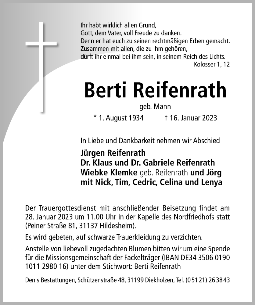  Traueranzeige für Berti Reifenrath vom 25.01.2023 aus Hildesheimer Allgemeine Zeitung