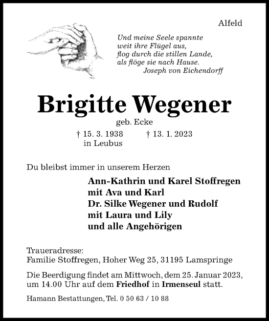 Traueranzeige von Brigitte Wegener von Hildesheimer Allgemeine Zeitung