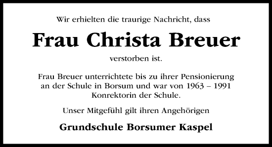 Traueranzeige von Christa Breuer von Hildesheimer Allgemeine Zeitung