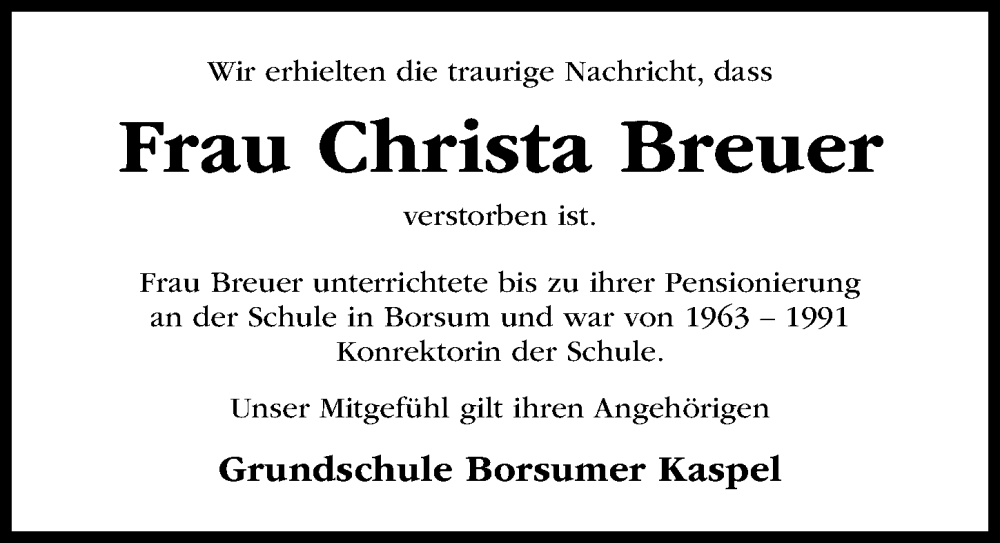  Traueranzeige für Christa Breuer vom 25.01.2023 aus Hildesheimer Allgemeine Zeitung
