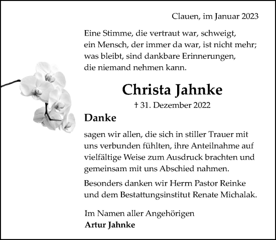 Traueranzeige von Christa Jahnke von Hildesheimer Allgemeine Zeitung