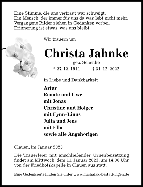 Traueranzeige von Christa Jahnke von Hildesheimer Allgemeine Zeitung