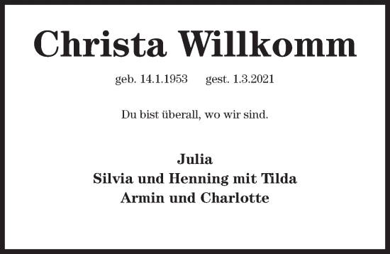 Traueranzeige von Christa Willkomm von Hildesheimer Allgemeine Zeitung