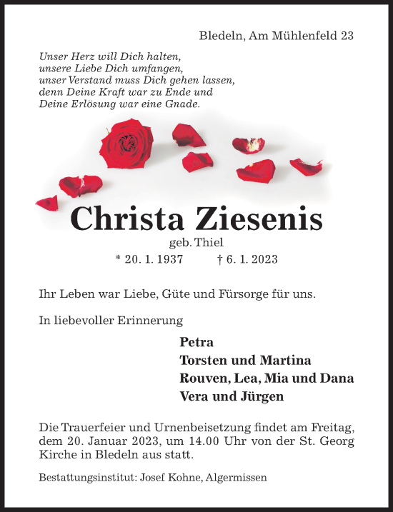 Traueranzeige von Christa Ziesenis von Hildesheimer Allgemeine Zeitung