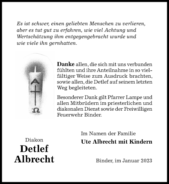 Traueranzeige von Detlef Albrecht von Hildesheimer Allgemeine Zeitung