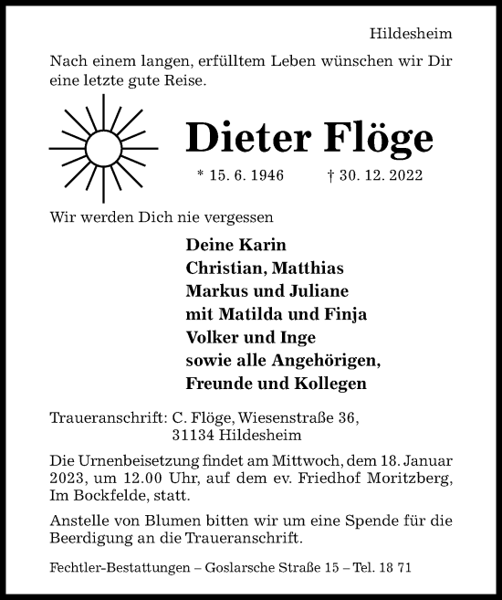 Traueranzeige von Dieter Flöge von Hildesheimer Allgemeine Zeitung