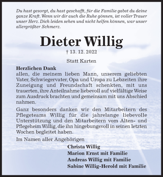 Traueranzeige von Dieter Willig von Hildesheimer Allgemeine Zeitung