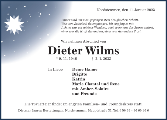 Traueranzeige von Dieter Wilms von Hildesheimer Allgemeine Zeitung