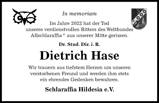 Traueranzeige von Dietrich Hase von Hildesheimer Allgemeine Zeitung