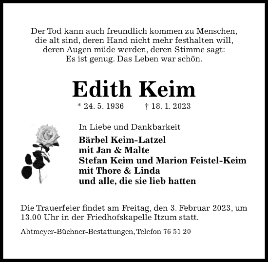 Traueranzeige von Edith Keim von Hildesheimer Allgemeine Zeitung