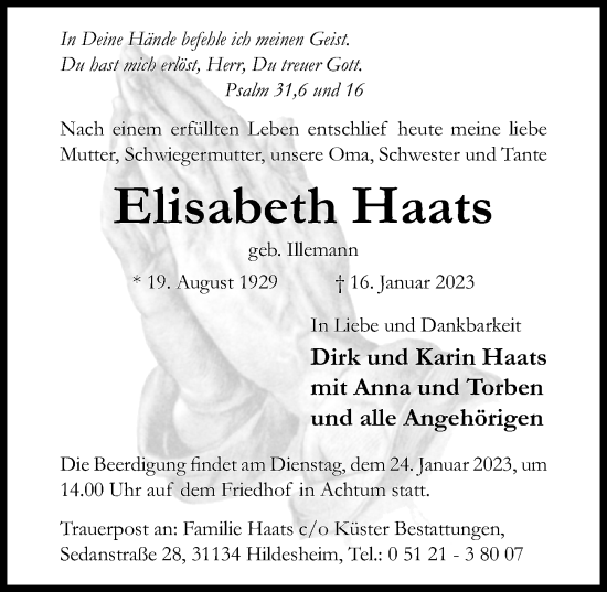 Traueranzeige von Elisabeth Haats von Hildesheimer Allgemeine Zeitung