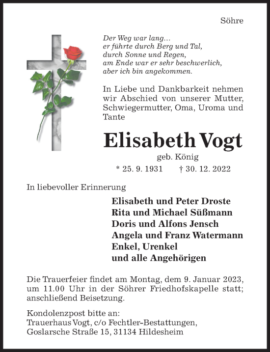 Traueranzeige von Elisabeth Vogt von Hildesheimer Allgemeine Zeitung