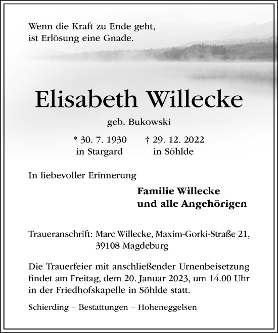 Traueranzeige von Elisabeth Willecke von Hildesheimer Allgemeine Zeitung