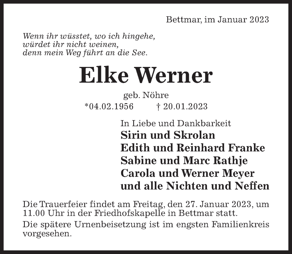  Traueranzeige für Elke Werner vom 25.01.2023 aus Hildesheimer Allgemeine Zeitung