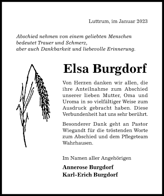 Traueranzeige von Elsa Burgdorf von Hildesheimer Allgemeine Zeitung