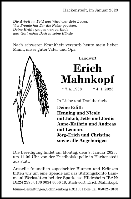 Traueranzeige von Erich Mahnkopf von Hildesheimer Allgemeine Zeitung