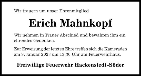 Traueranzeige von Erich Mahnkopf von Hildesheimer Allgemeine Zeitung