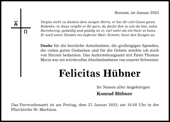Traueranzeige von Felicitas Hübner von Hildesheimer Allgemeine Zeitung