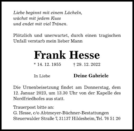 Traueranzeige von Frank Hesse von Hildesheimer Allgemeine Zeitung