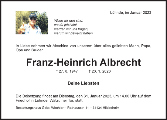 Traueranzeige von Franz-Heinrich Albrecht von Hildesheimer Allgemeine Zeitung