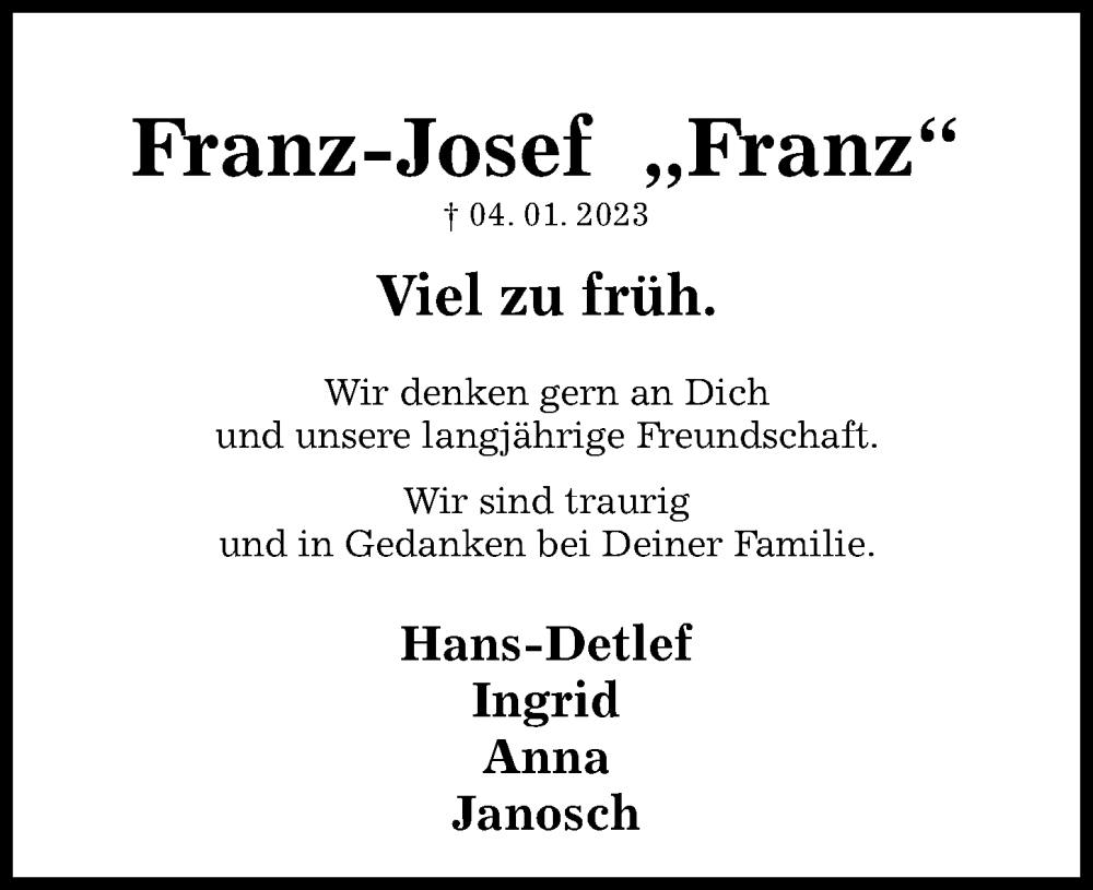  Traueranzeige für Franz-Josef Bode vom 10.01.2023 aus Hildesheimer Allgemeine Zeitung